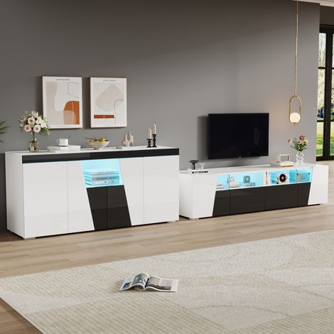 Mobile TV con sideboard bianco e nero, 180/38,5/45 cm, LED Bluetooth e frontali lucidi (1/5)