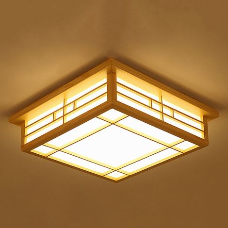 Senderpick – Plafonnier japonais 35x35cm – Lampe LED en bois massif pour salon et chambre – Éclairage doux pour tatami et balcon