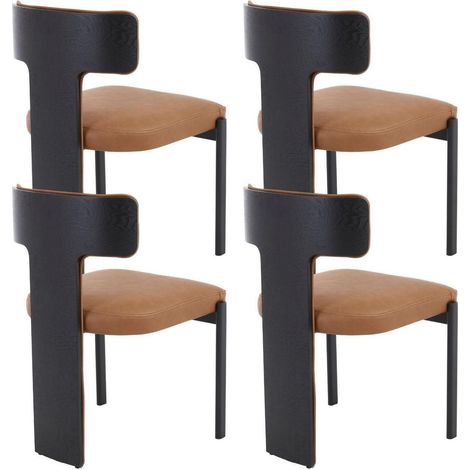 Lot de 4 chaises de salle à manger design moderne, assise simili cuir marron, dossier bois courbé (1/5)