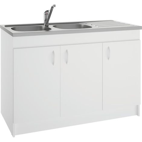 Meuble sous évier 3 portes blanc mélaminé 120cm – Charnières invisibles 95° – Vérins métalliques pour mise à niveau – Facilité d'installation