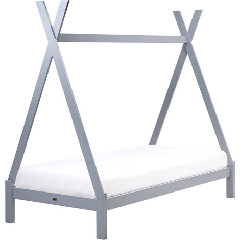 Cama infantil en forma de tipi con dosel de madera de pino gris 90 x 200 cm DEVAY