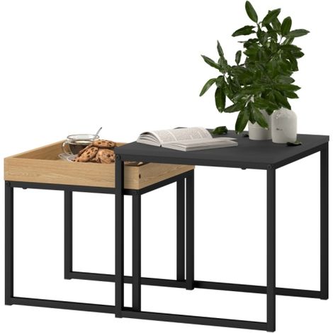 Ensemble de tables basses modernes (2 pièces), idéal pour les petits espaces forme carrée, structure en MDF et métal, finition noire. (1/5)