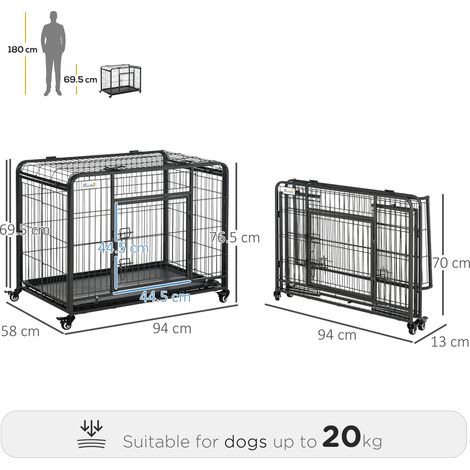 Niche pliable pour chien avec double porte et serrure, 4 roues avec freins, plateau amovible, 94 x 58 x 69,5 cm, grise (1/5)