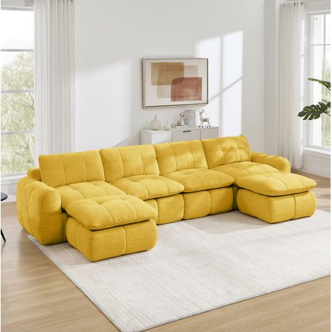 Sofá modular en U de chenilla para 4 plazas con 2 otomanas, amarillo (1/5)
