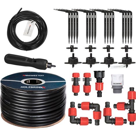 HOLZBRINK Kit de démarrage pour l’irrigation en serre, système d’arrosage goutte à goutte : 30 m Tuyau LDPE 16 mm, 4x Goutteur 4l/h, HTB-10-S-30