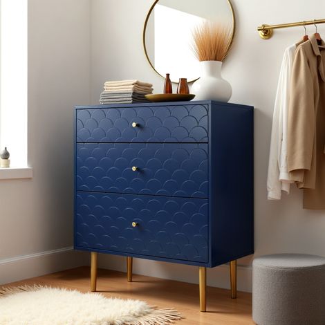 URBAN MEUBLE Armoire penderie 3 tiroirs bleu marine avec pieds dorés 75x40x89cm (1/5)