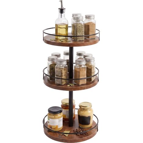 Relaxdays scaffale da cucina girevole, HxD 48 x 25 cm, 3 ripiani, stile industriale, porta spezie da banco, marrone/nero (1/5)