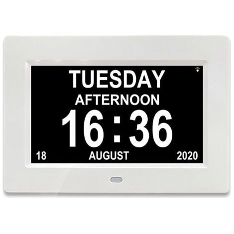 Horloge numérique 7' avec calendrier – Affichage clair jour, semaine, mois – Modes 12/24 heures – Écran haute qualité noir et blanc