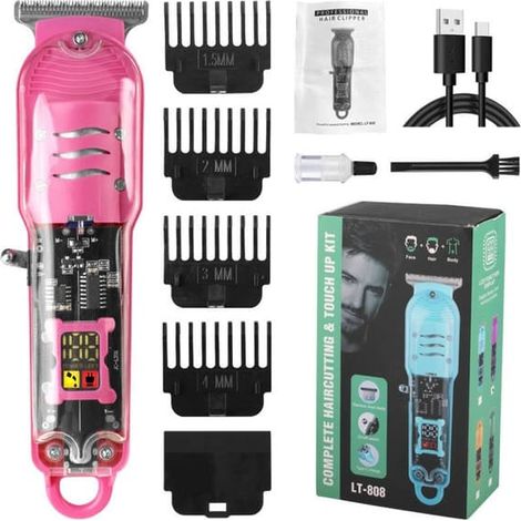 Tondeuse à cheveux électrique avec boîtier transparent, écran LCD et 4 sabots de coupe - Rose (1/5)