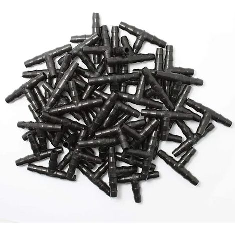 100 raccords pour irrigation goutte à goutte avec embouts cannelés, raccords universels en T pour tuyaux d'arrosage 4/7 mm (1/4)
