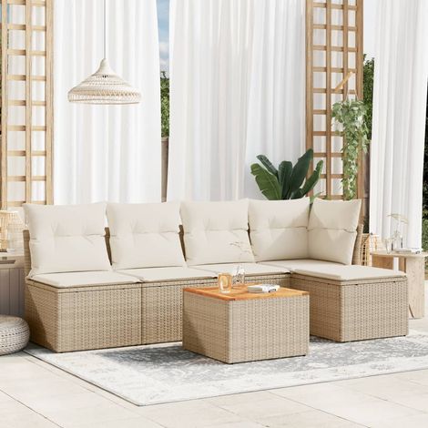 Ensemble Salon Jardin 6 Places Résine Tressée Beige avec Coussins - Table Acacia et Housses Lavables (1/3)