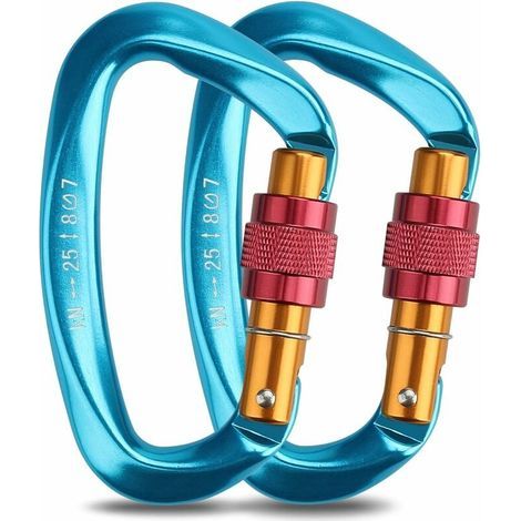 Mousquetons Escalade, 2pcs Mousqueton à Verrouillage Automatique Aluminium INOX D-Anneau Mousqueton pour l'escalade et Le Rappel, Chiens de Serrure,Hamac Balançoire, Tente, Grande Taille, Bleu (1/4)