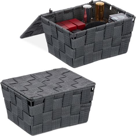 Set of 2 Relaxdays Lidded Storage Baskets with Lid, Bathroom Storage, PP, HxWxD: 10.5 x 19.5 x 14.5 cm, Grey