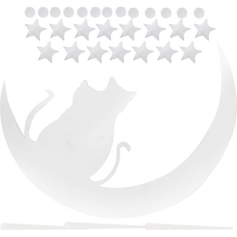 Stickers muraux décoratifs chat lune étoile compatibles avec les chambres à coucher, décoration murale argentée en acrylique, 1 lot (1/5)