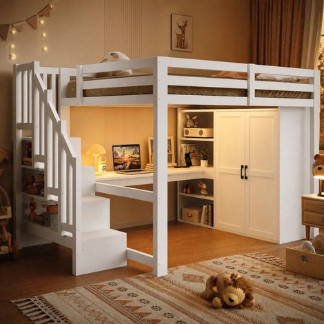 Letto a soppalco 140x200 con scrivania, armadio, scala contenitore, LED e USB, bianco OKMYHOME (1/5)