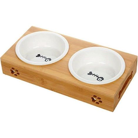 Ensemble de gamelles en céramique pour chat avec support en bambou (1/5)