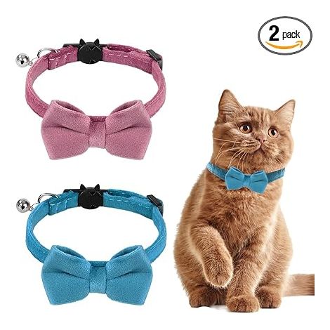 Ensemble de deux colliers en velours pour chat avec clochettes et nœuds, réglables, adaptés aux petits chiens, nœud de sécurité de qualité mariage, nœud pour chat de couleur unie.