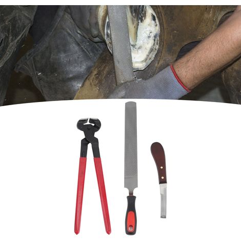 Ensemble d'outils de parage des sabots en trois pièces de 14 pouces : coupe-sabots, lime à sabots, couteau à parer les sabots, cisailles à sabots, grande lime, outil d'écurie. (1/5)