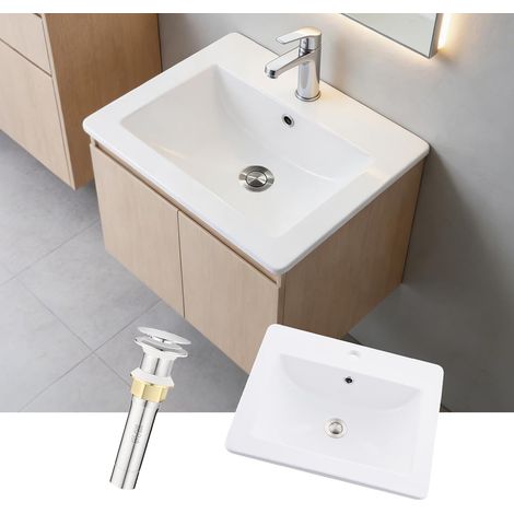 Vasque à Encastrer Rectangle en Céramique Blanche 53 x 46 cm, Lavabo de Comptoir avec Trou pour Robinet,Trop-Plein et Bonde de Vidange Escamotable en Acier inoxydable, Salle de B ain (1/5)