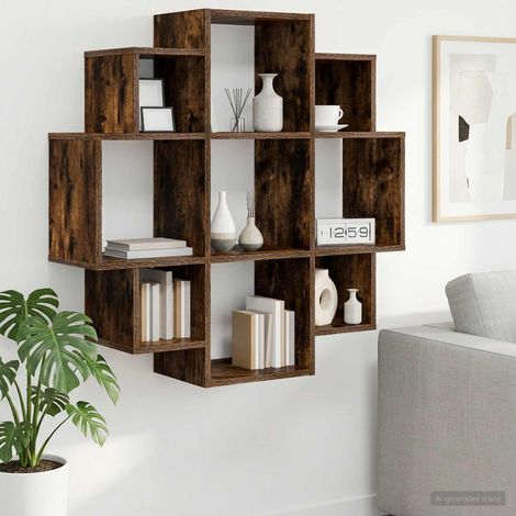 Étagère murale 9 compartiments en bois d’ingénierie chêne fumé 90 x 25 x 90 cm - PANGIVO (1/5)