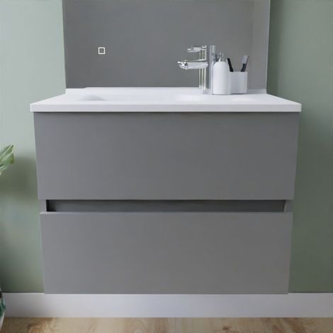 Meuble salle de bain suspendu 70 cm ROSALY INOX- Gris- Plan vasque en Résine