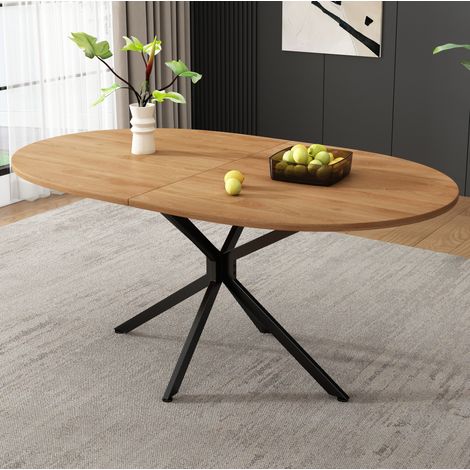Table à manger Ovale, 120x80x75.5 cm, design patchwork moderne, structure en MDF, pieds en métal, pour 4 à 6 personnes, marron clair (1/5)