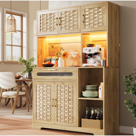 Credenza alta in MDF naturale con vetro e metallo, 120x40x180 cm, LED con app, ripiani regolabili e cassetti (1/5)