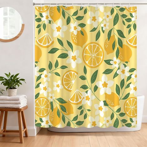 Rideau de Douche Anti Moisissure 180 x 180 cm Rideau Douche Motif Fleurs et Citron Tissu Polyester Imperméable Lavable Rideau Baignoire avec 12 Crochets (1/5)