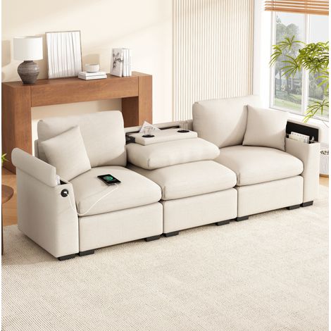 Divano 3 posti in ciniglia beige 242 cm con tavolino pieghevole, USB, portabicchieri e vani contenitore (1/5)
