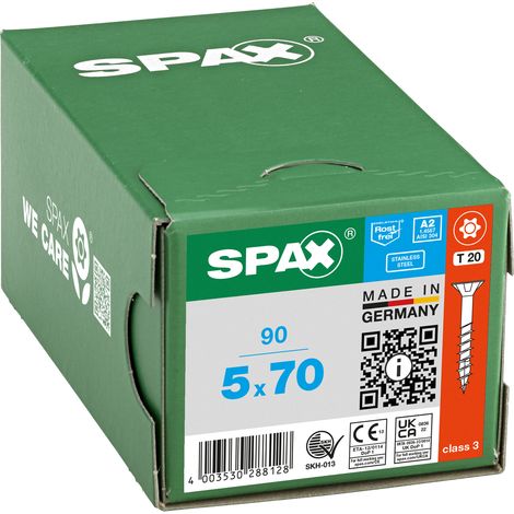 SPAX Vis en acier inoxydable, 5 x 70 mm, 90 pièces, Filetage partiel, Tête fraisée, T-STAR plus T20, 4CUT, Acier inoxydable A2 - 8000000288128