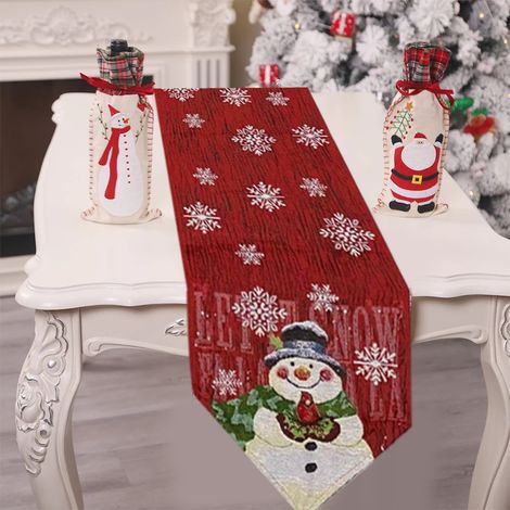 Nappe de table de Noël en coton et lin, chemin de table brodé bonhomme de neige, décoration de table festive, 178x33 cm, lot d'1 pièce (1/4)