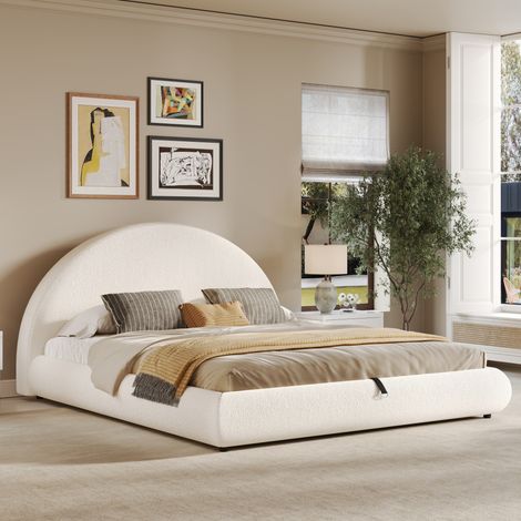 Cama canapé 160x200 con somier, cabecero acolchado, hidráulica, bouclé blanco DESVIAE (1/5)