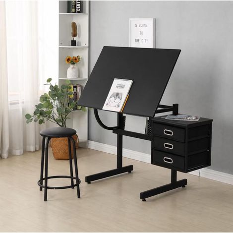 Table à dessin réglable 116x60x75 cm MDF et métal noir, 3 tiroirs, pour bureau – MEUBLIV (1/5)