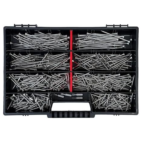 Coffret de 430 vis en acier inoxydable – vis à bois et à panneaux de particules V2A, de 4 x 30 à 4 x 70 mm – comprenant 4 embouts TX et un coffret de rangement – qualité professionnelle (1/5)