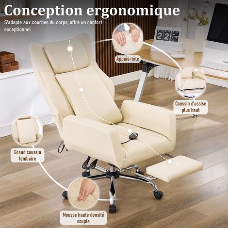 Chaise de Bureau en Cuir PU Beige avec Massage 3D, Dossier Réglable 90°-135°, Pivotante 360°, Repose-Pied, Accoudoirs Rabattables, Roulettes Silencieuses (1/5)