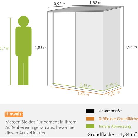 Abri de jardin 1,34 m², armoire de jardin verrouillable avec toit monopente en acier galvanisé, 161,5 x 94,5 x 196 cm, noir (1/5)
