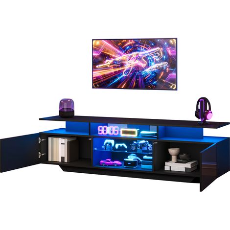 CHICFURN Meuble TV LED 160 cm noir brillant avec 2 placards, 8 espaces de rangement et étagères en verre trempé, support TV sur pied pour écran jusqu'à 70 pouces (1/5)