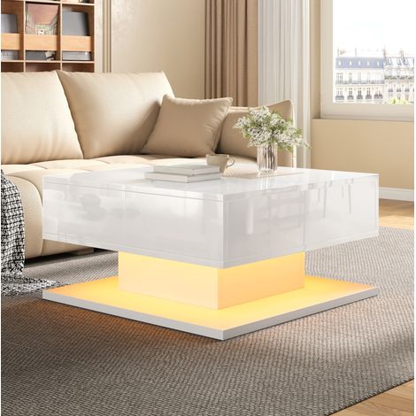 Mesa de centro elevable 72x72x35 cm con almacenamiento, LED APP, 2 cajones, MDF y tablero de partículas blanco (1/5)
