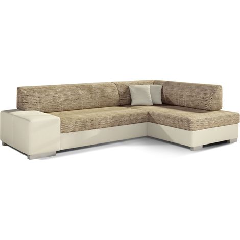 Canapé convertible angle droit simili cuir beige et tissu beige clair chiné Polky 272cm (1/5)