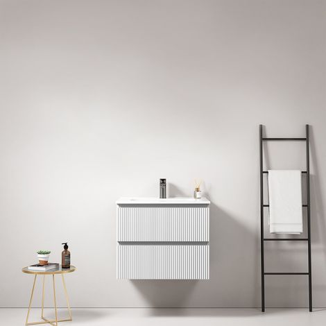 Mobile bagno sospeso cannettato 60 cm Bianco Lavabo in Ceramica Senza Specchio - Fiji Paint