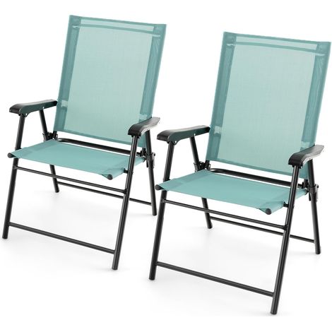 GOPLUS Lot de 2 Chaises de Jardin Pliantes, avec Accoudoirs, Tissu Respirant & Cadre Métallique Solide, Chaises Portatives Légères à Dossier en Toile pour Jardin, Terrasse, Patio (Vert Menthe) (1/5)