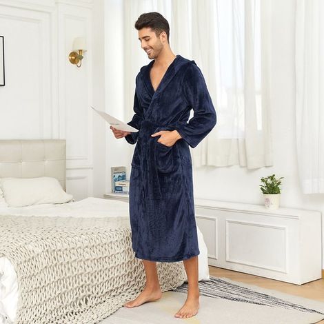 Accappatoio da uomo in flanella con collo a scialle soffice, blu navy, taglia L (1/2)