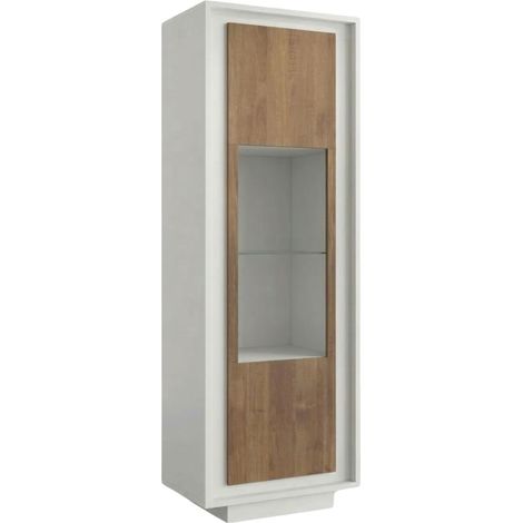 Vitrine 1 porte blanc laqué façades aspect bois finition Mercure et verre piètement socle - AZONTO