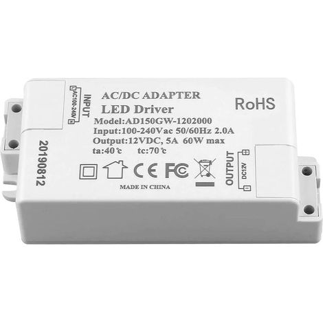 Transformateur d'alimentation LED Adogo - 60 W, 12 V CC, 5 A - Tension constante pour lampes à LED et ampoules LED G4, MR11, MR16, blanc, 60W 60.00watts 12.00volts-LIAIKI (1/4)