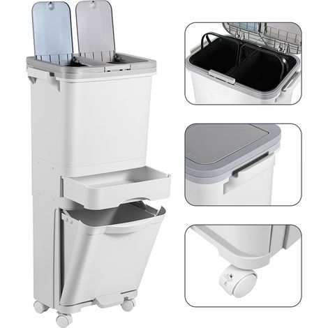 Randaco Poubelle de cuisine 42 L en PP, modèle vertical 3 niveaux, 2 seaux intérieurs amovibles, bac inférieur et tiroir de rangement (1/5)