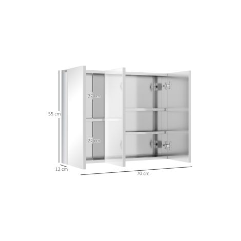 Armoire de toilette murale argentée en acier inoxydable avec miroir, 3 portes vitrées et 5 étagères pour salle de bain et toilettes (1/5)