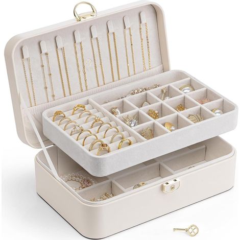 Schmuckkästchen Damen Doppelschicht Abschließbar Ringe Beige weiß (1/5)
