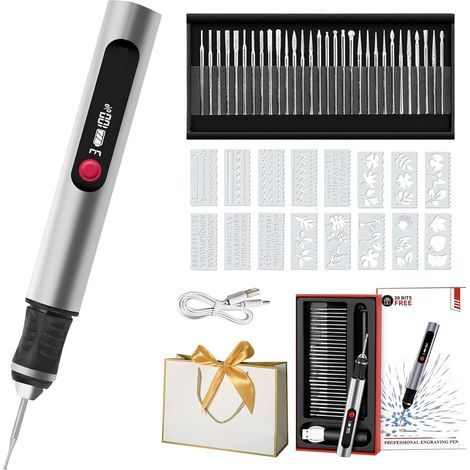 Kit Complet de Gravure Électrique – Le Graveur avec Capuchon de Stylo, Stylo Graveur Électrique avec 30 Pointes et 16 Gabarits pour DIY sur Métal, Bois, Verre, Plastique et Pierre (1pc) (1/5)