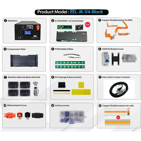 Boîte de batterie, design empilable, équilibrage actif, Noir-JK V4-V15 BMS, 200A BMS-b (1/2)