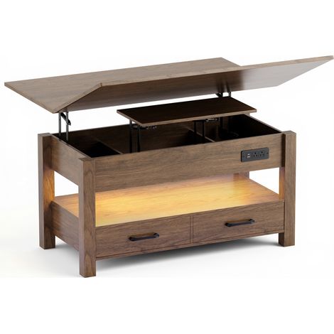 Table basse relevable extensible 4 en 1 avec rangements et 2 tiroirs, table basse multifonction style campagne chic pour salon, Noyer (1/5)